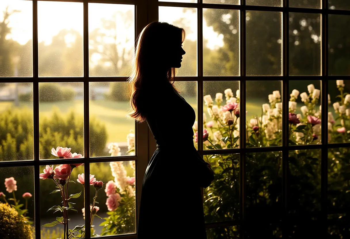Un reflet de femme debout près d’une fenêtre dans un jardin apaisant, évoquant la sérénité et la guérison