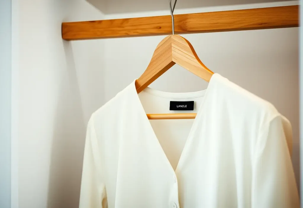 Un cintre en bois dans une penderie avec une blouse structurée