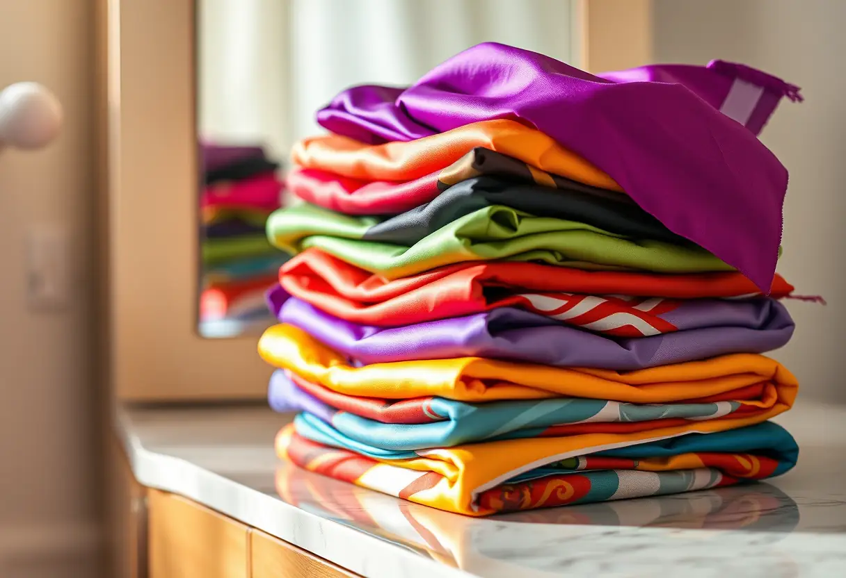 Un tas de foulards colorés soigneusement pliés sur une coiffeuse