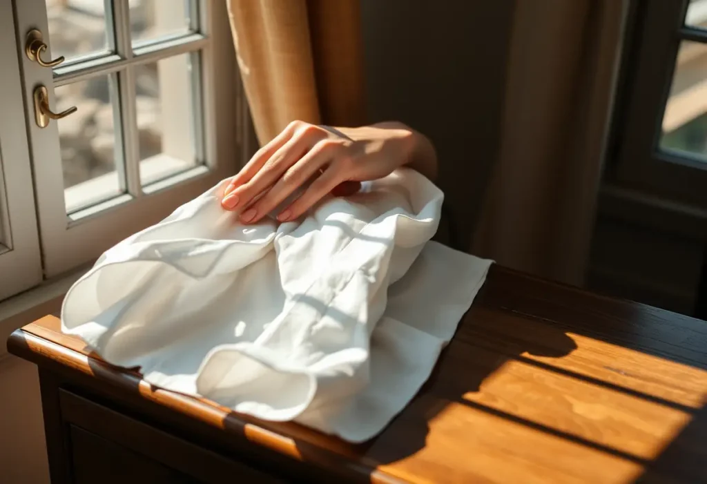 Main: Une main féminine ajustant une chemise en coton sur un bureau, lumière naturelle