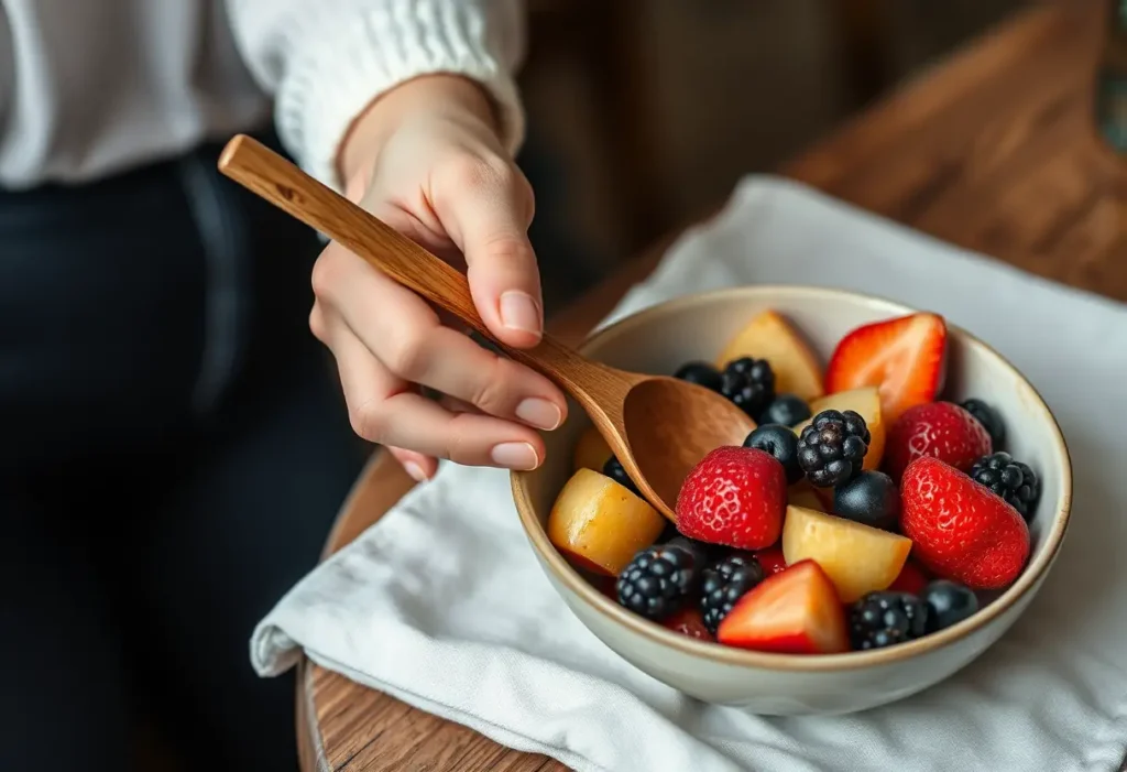 Une main posant une cuillère en bois dans un bol de fruits frais, symbole d'une alimentation saine