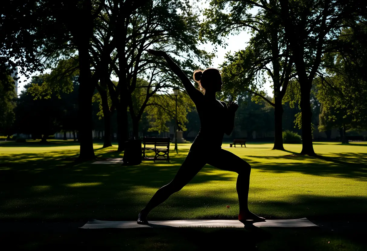 Un profil féminin pratiquant le yoga dans un parc calme, soulignant l'importance de la souplesse et de la détente