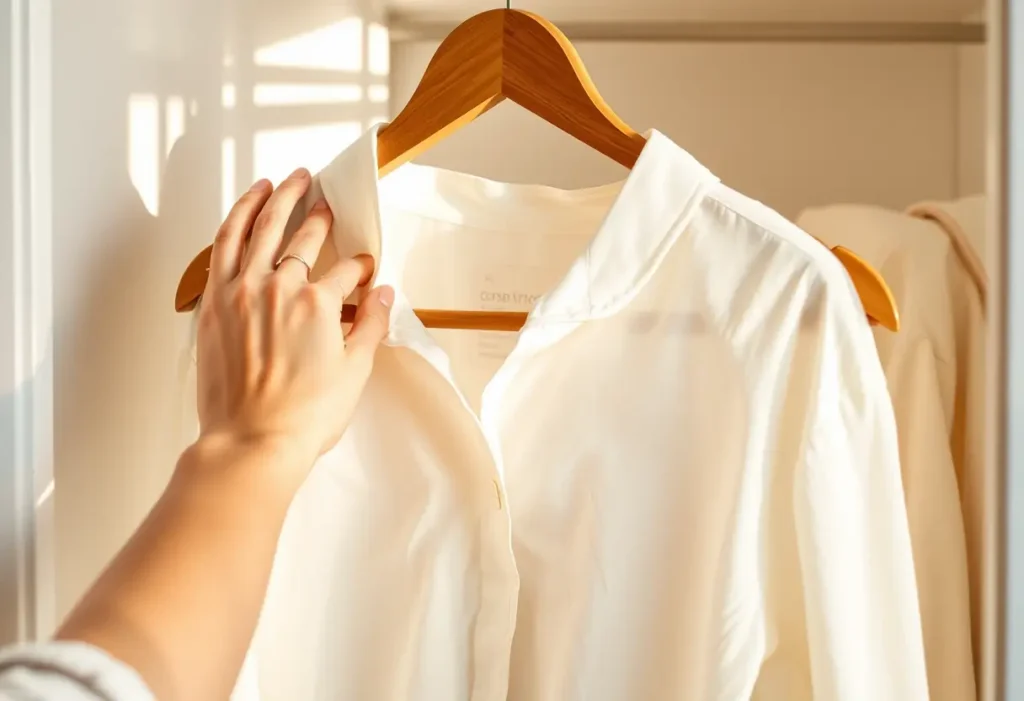 Une main féminine repasse les plis d'une chemise en coton dans un placard lumineux.