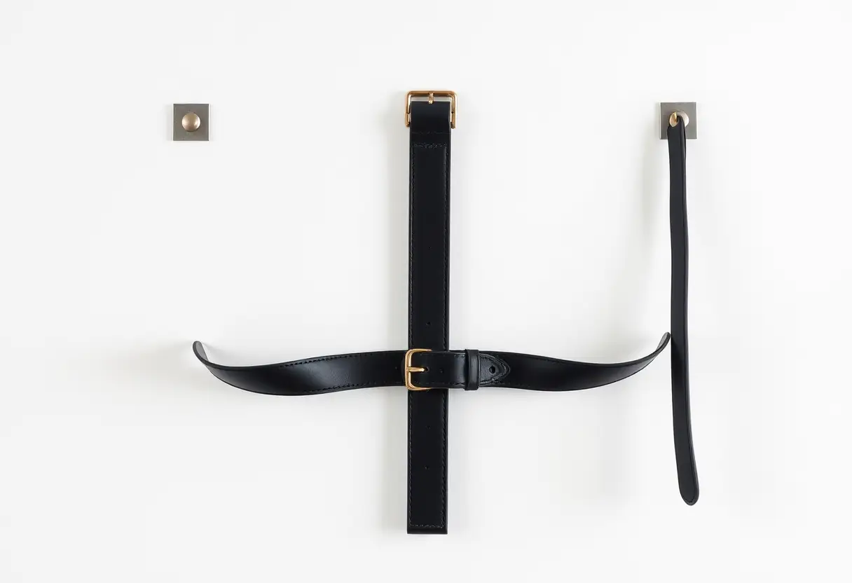 Une ceinture en cuir noir accrochée sur un mur blanc, symbolisant l'art de structurer sa silhouette.