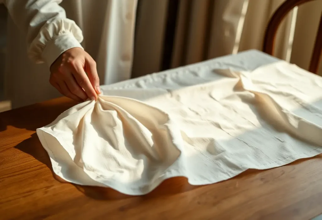 Une main lisant un chemisier en coton sur une table
