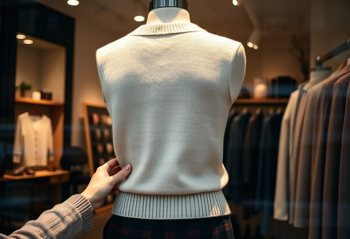 Des mains ajustant un pull en laine sur un mannequin en vitrine