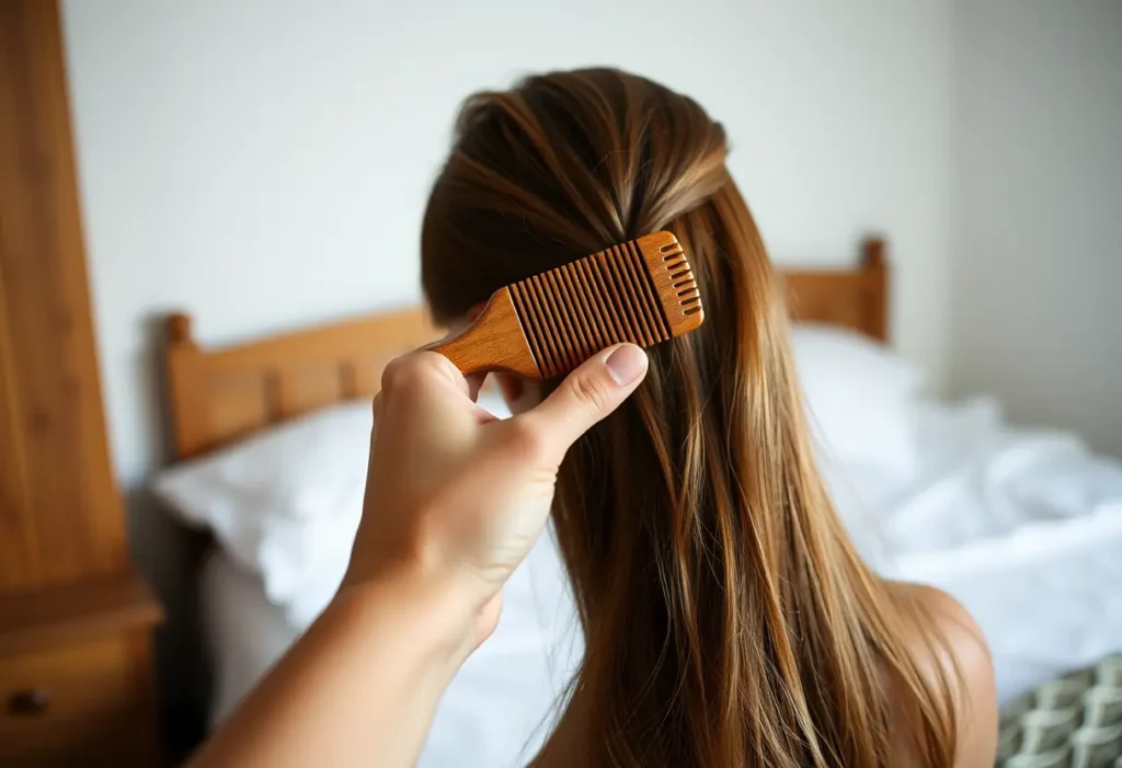 Une main tient un peigne en bois, caressant doucement les cheveux, dans une ambiance apaisante