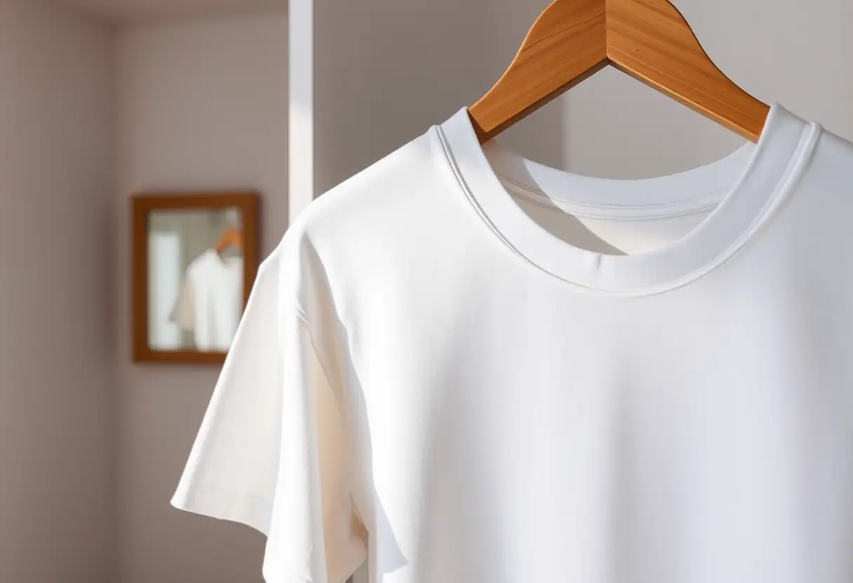 Un coton simple pendu à un cintre dans un placard, reflété par un petit miroir