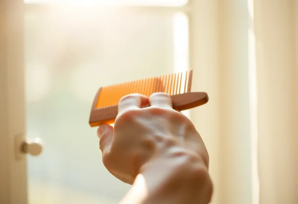 Main de femme tenant un peigne en bois, lumière naturelle filtrant à travers une fenêtre
