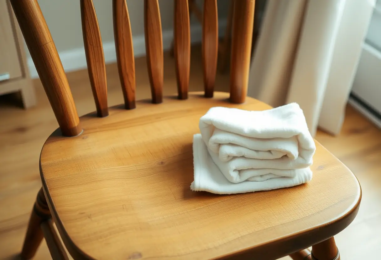 Chaise en bois dans un salon, usée par le temps, avec des serviettes pliées près d’elle