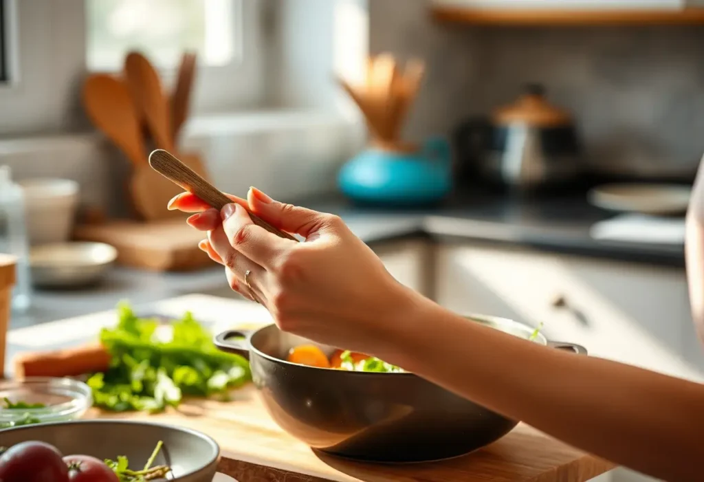 Une main féminine tient une cuillère en bois dans une cuisine chaleureuse