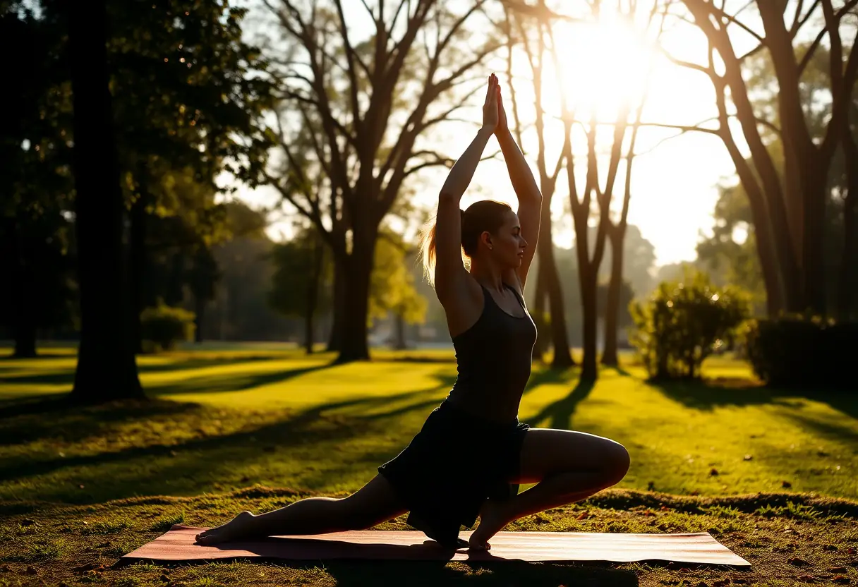 Une femme en silhouette fait du yoga dans un parc calme et verdoyant