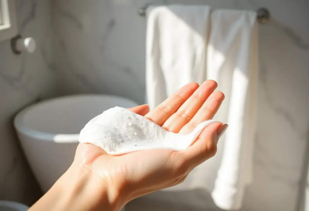 Main: une main féminine tenant un tampon en coton humide dans une salle de bain, bien-être après l'accouchement.