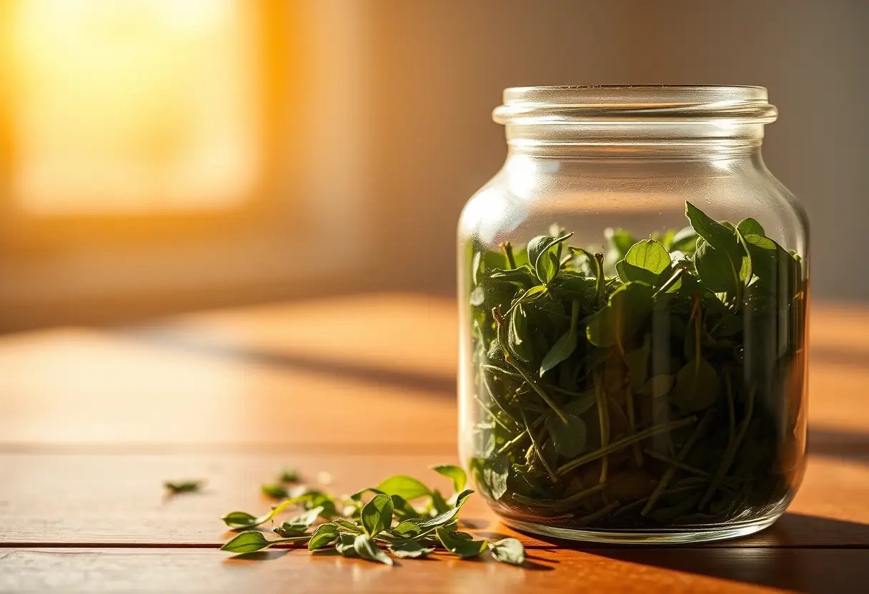 Main: une bouteille en verre contenant des feuilles de thé herbeux sur une table en bois, bien-être après l'accouchement.