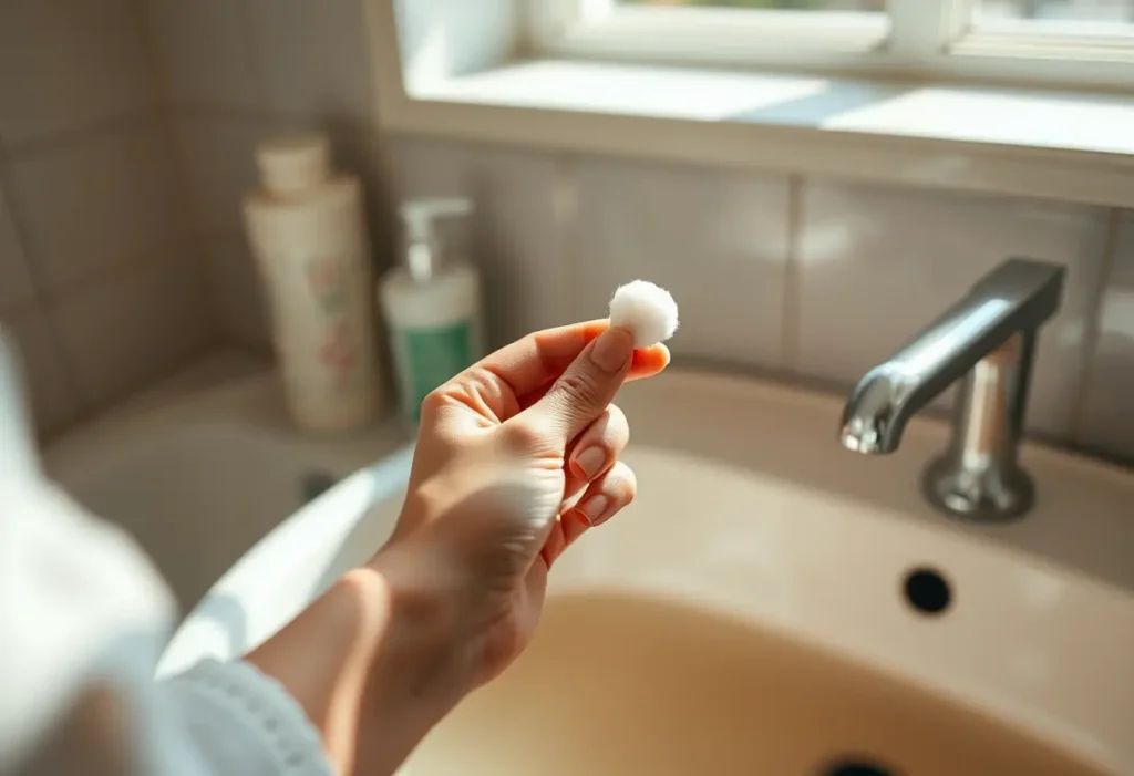 Une main féminine tient un coton-tige près d’un bol d’eau chaude, symbolisant la récupération post-accouchement