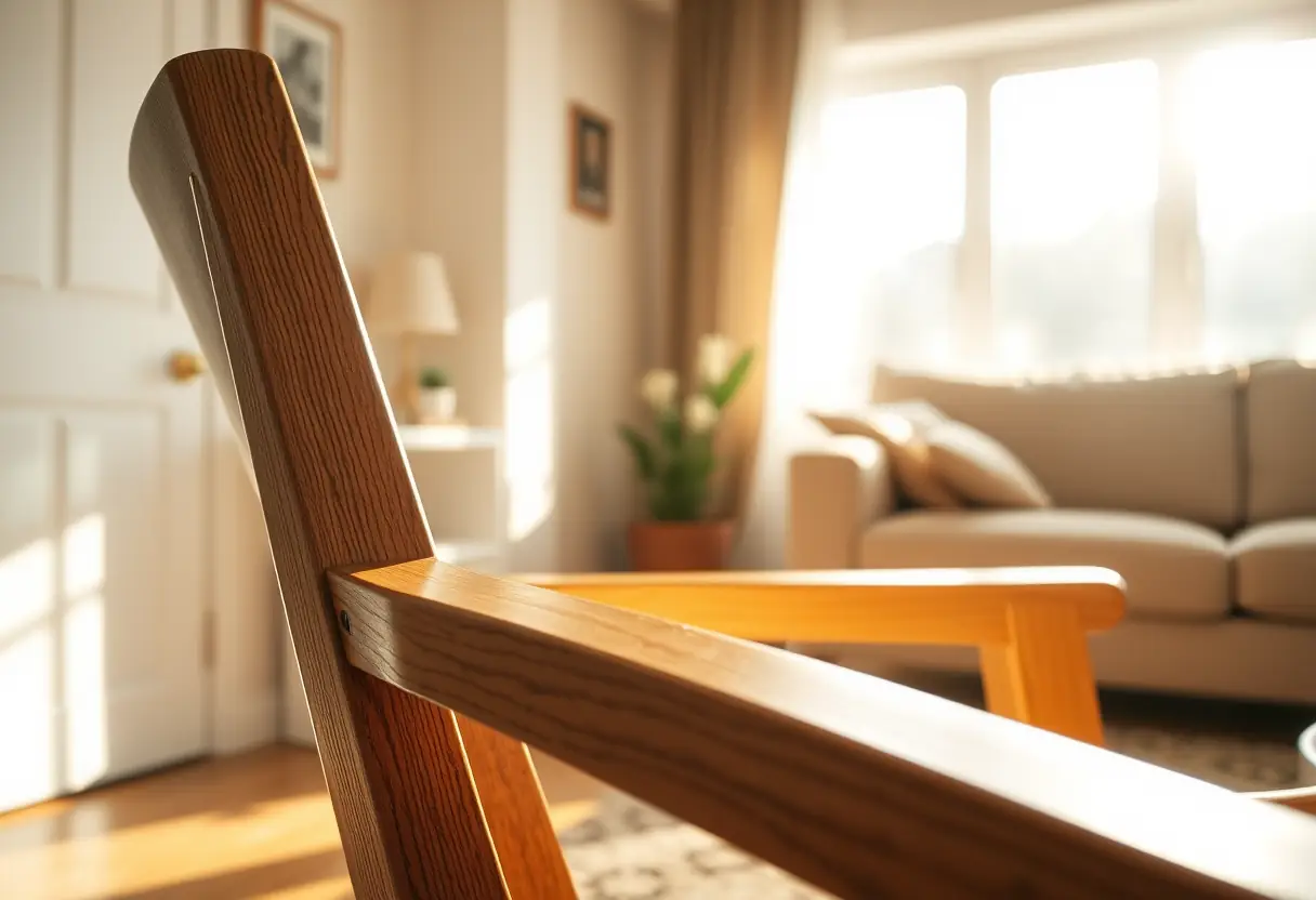 Un fauteuil en bois dans un salon, éclairé par la lumière du jour, symbole de repos pendant la convalescence