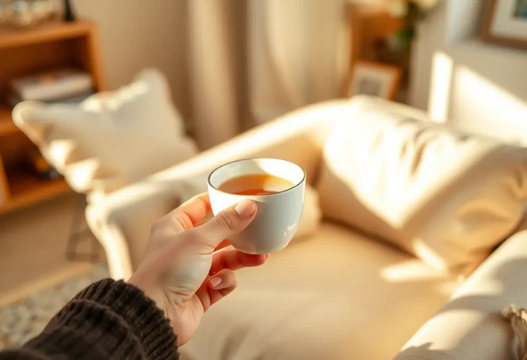 Une main tenant une tasse de thé aux fleurs de camomille dans un salon accueillant