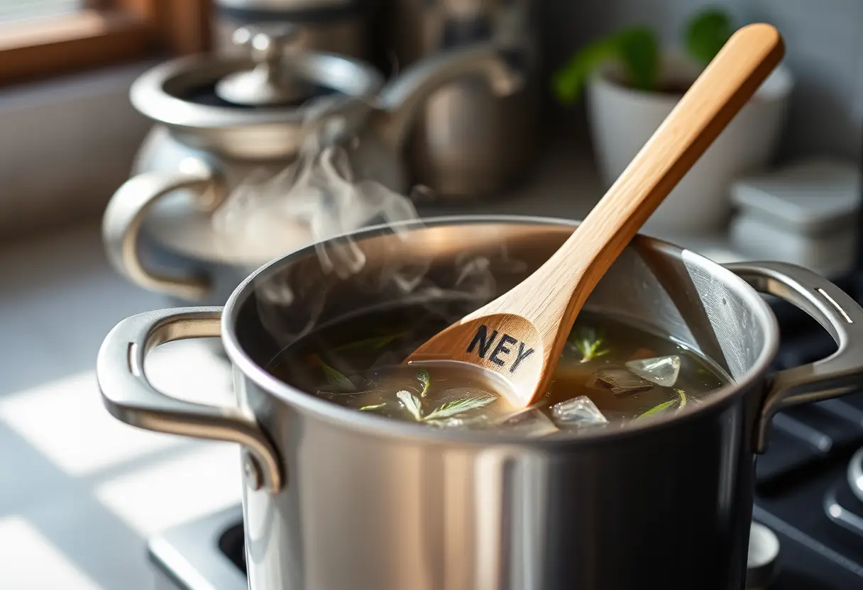Cuillère en bois mélangeant une infusion d'herbes sur un plan de travail cuisine
