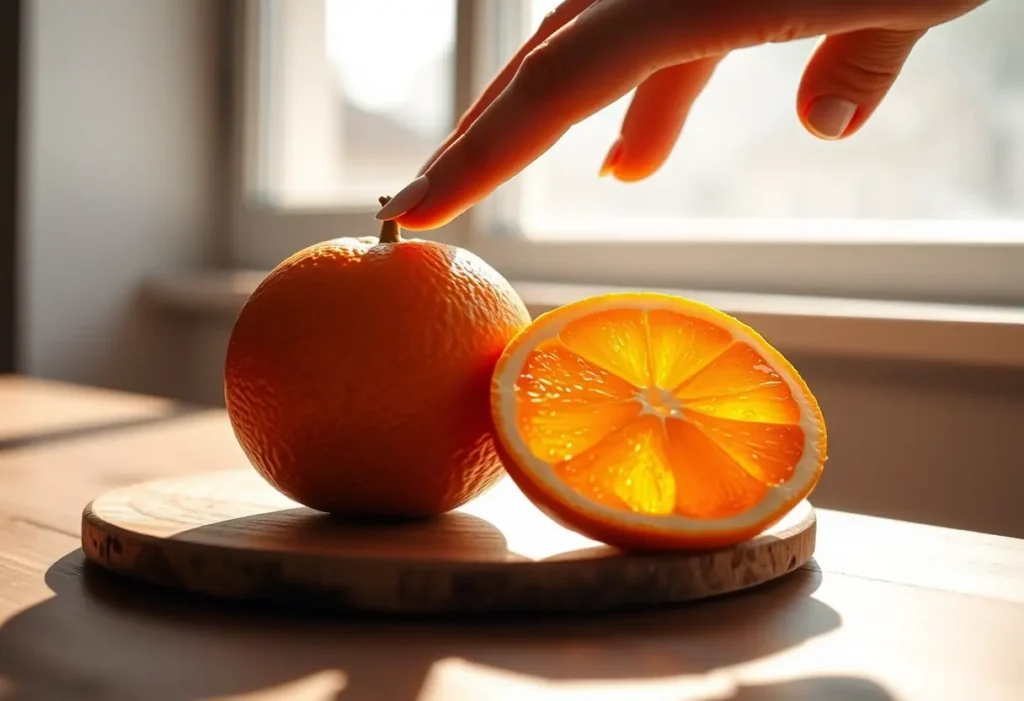 Une orange chocolat sur une table en bois, éclairée par la lumière naturelle. Une main féminine tend vers le fruit.
