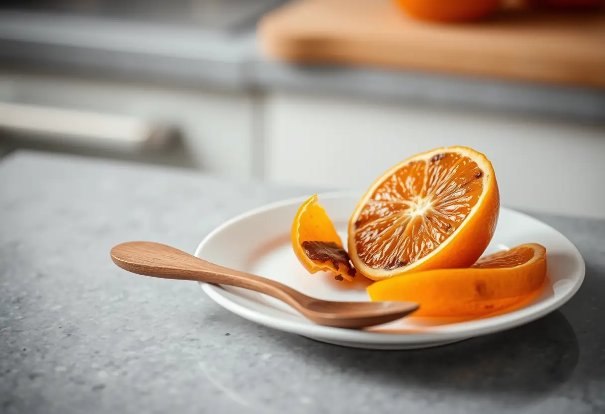 Une cuillère en bois à côté d'une orange chocolat à moitié pelée sur un plateau blanc, posée sur un plan de travail.