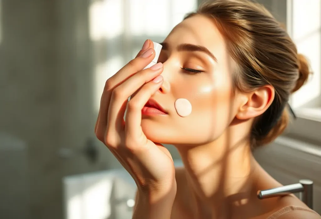 Une main applique délicatement un sérum sur le visage dans une salle de bains lumineuse