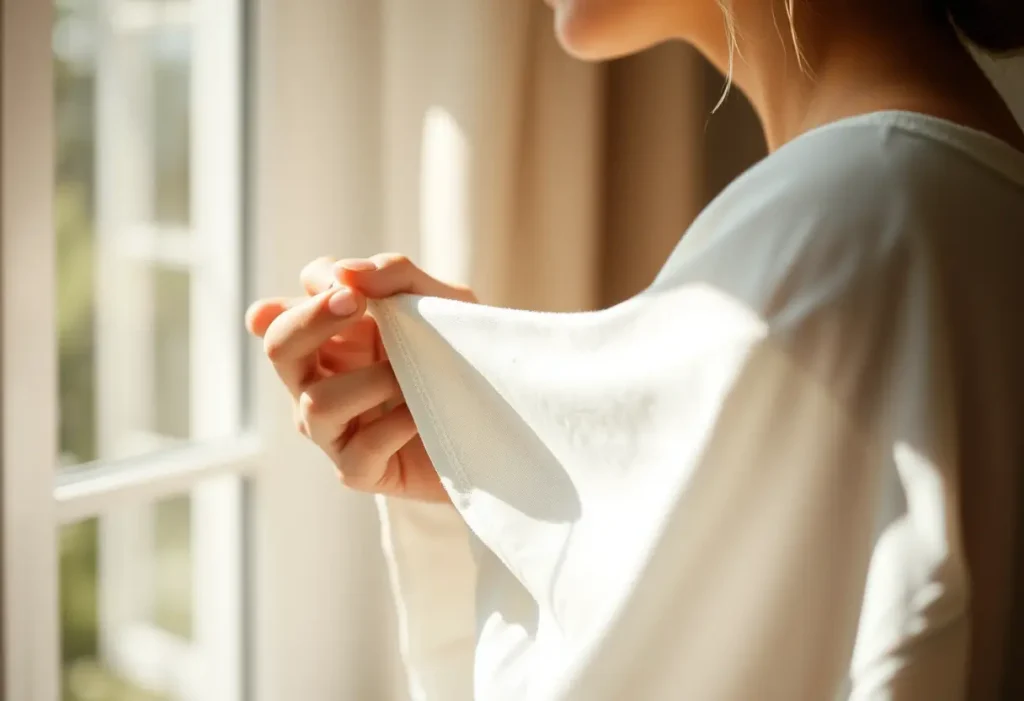 Une main féminine tenant un morceau de tissu en coton, éclairée par la lumière naturelle