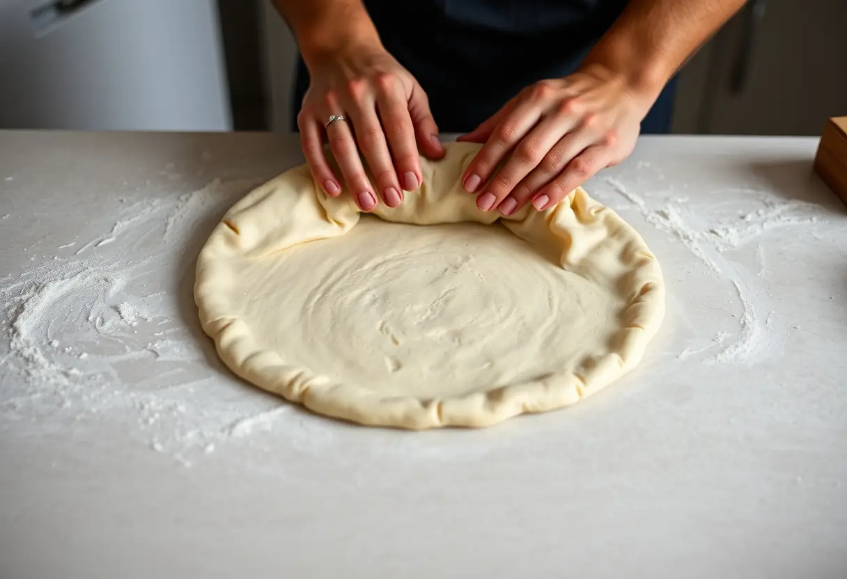 Des mains préparant de la pâte sur un plan de travail en cuisine