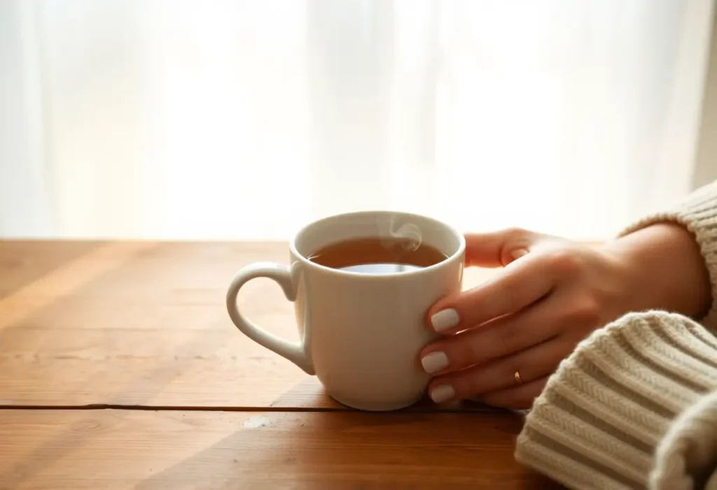 Une main tenant une tasse de thé herbeux, source de bien-être et de détente.