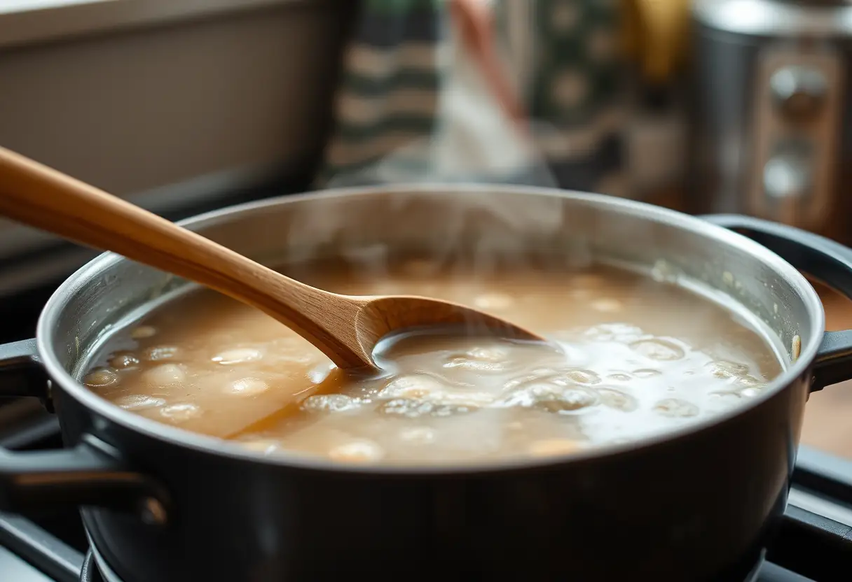 Cuillère en bois mélangeant une soupe dans une grande casserole, symbole de chaleur et de bien-être.
