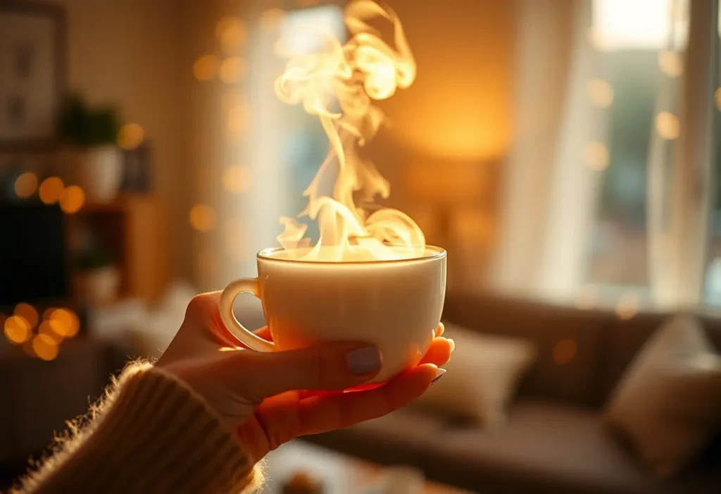 Une main tenant une tasse de thé aux fleurs de sureau, dans une pièce accueillante