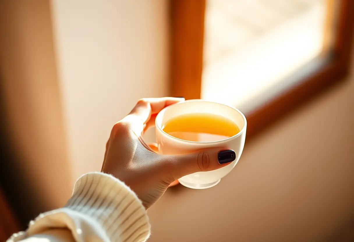Une main tenant une tasse de thé chaud, symbole de sérénité et de réflexion