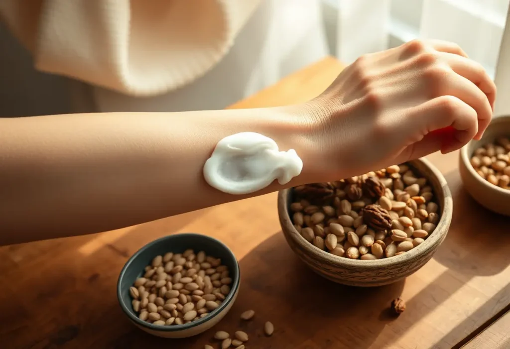 Main de femme appliquant une crème hydratante sur son bras, avec des graines et des noix autour, pour une peau sèche