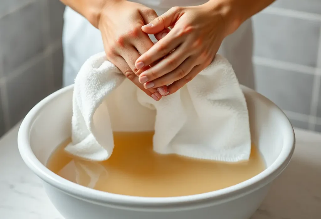 Des mains plient avec douceur une serviette en coton blanc au-dessus d’un bol d’eau chaude.