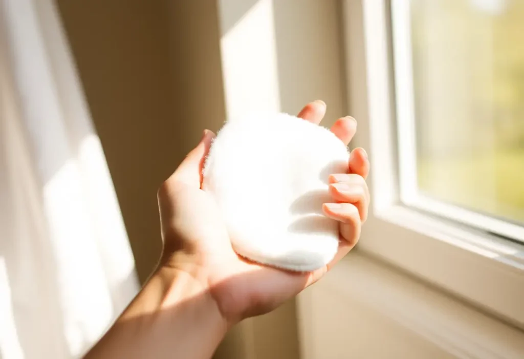 Une main féminine tenant doucement un morceau de coton, éclairée par la lumière naturelle.