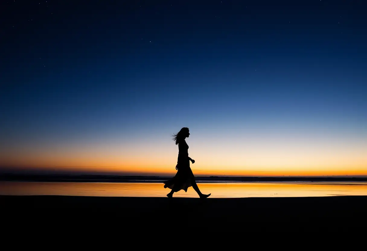 Un profil d'une femme marchant sur une plage sableuse au crépuscule.