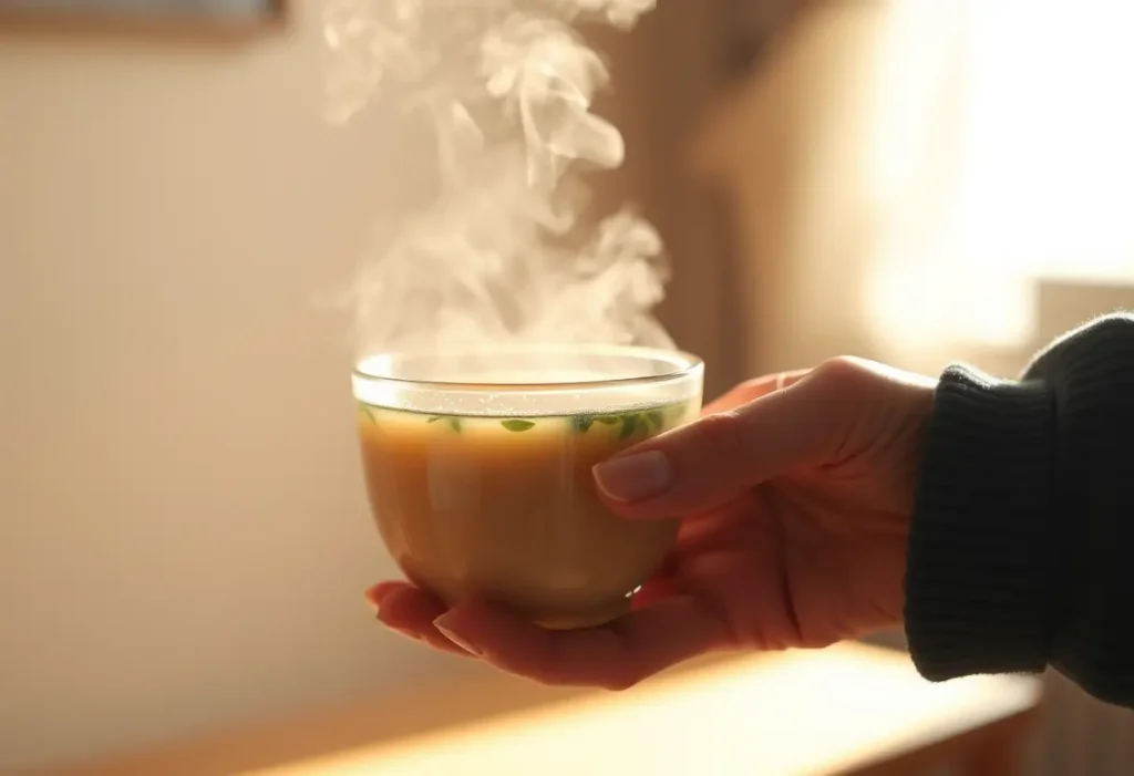 Une main tenant une tasse de thé herbagère chaude, la vapeur s'élevant légèrement