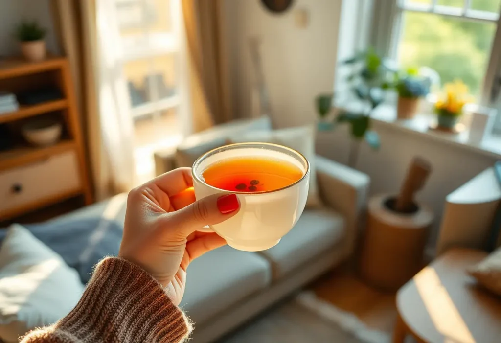 Une main tenant une tasse de thé chaud dans un salon accueillant, lumière naturelle chaude