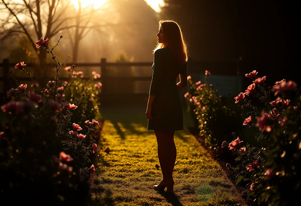 Un profil d'une femme debout dans son jardin fleuri, lumière du matin soulignant la quiétude de l'espace