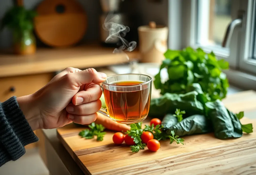 Une main tenant une tasse fumante de thé herbeux posée sur un plan de travail garni de légumes frais