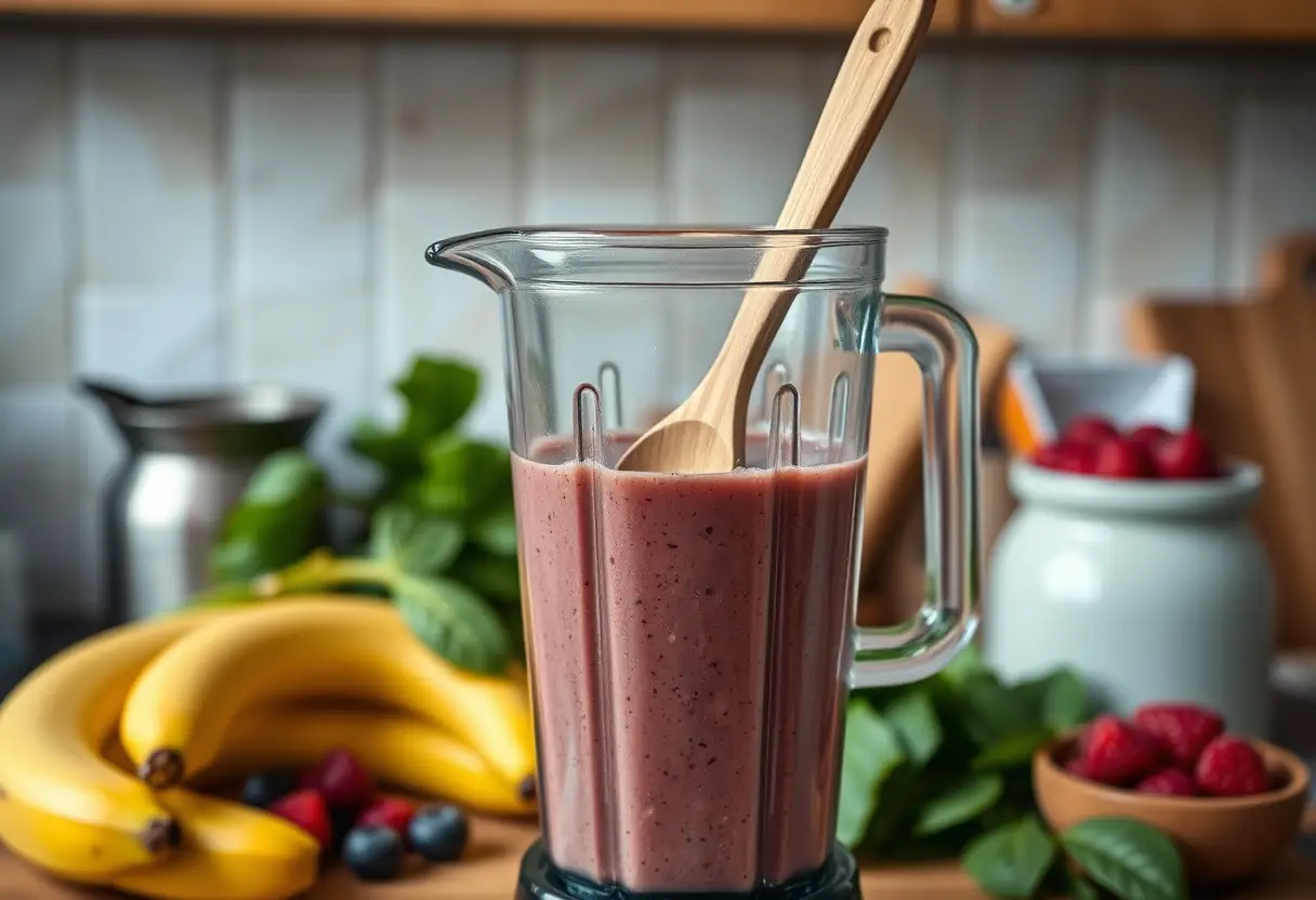 Une cuillère en bois mélange doucement un smoothie dans un blender, le comptoir derrière est rempli d'ingrédients variés