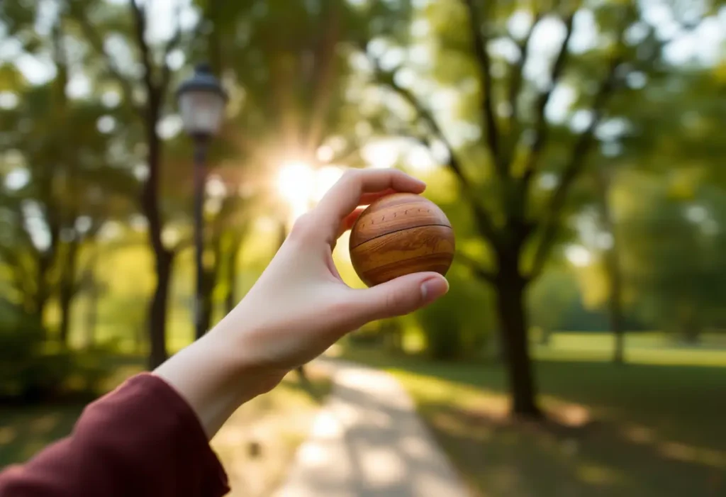 Main de femme tenant une petite balle en bois dans un parc, sujet de la rééducation périnéale