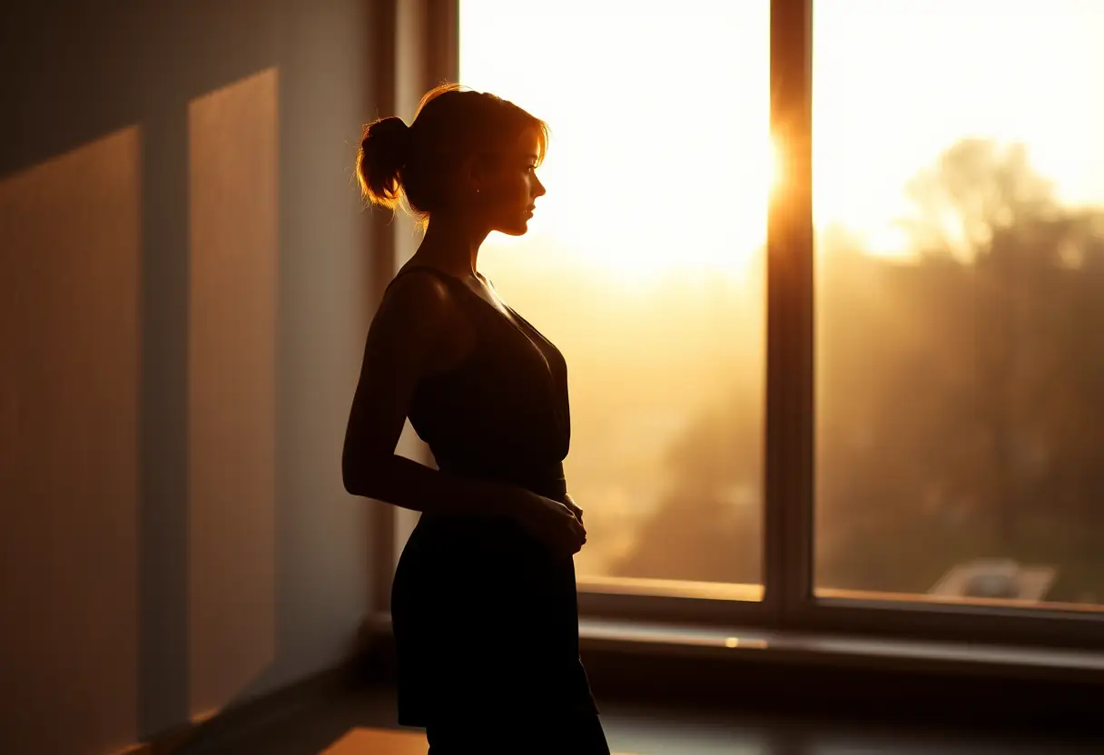 Silhouette de femme près d’une grande fenêtre, lumière du matin, sujet de la préparation périnéale prénatale