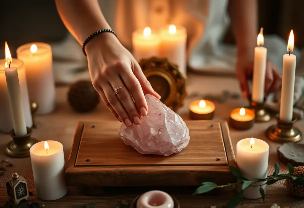 Main image : une main posant délicatement une pierre kunzite rose sur un autel en bois, entouré de bougies, pour créer un espace rituel apaisant.
