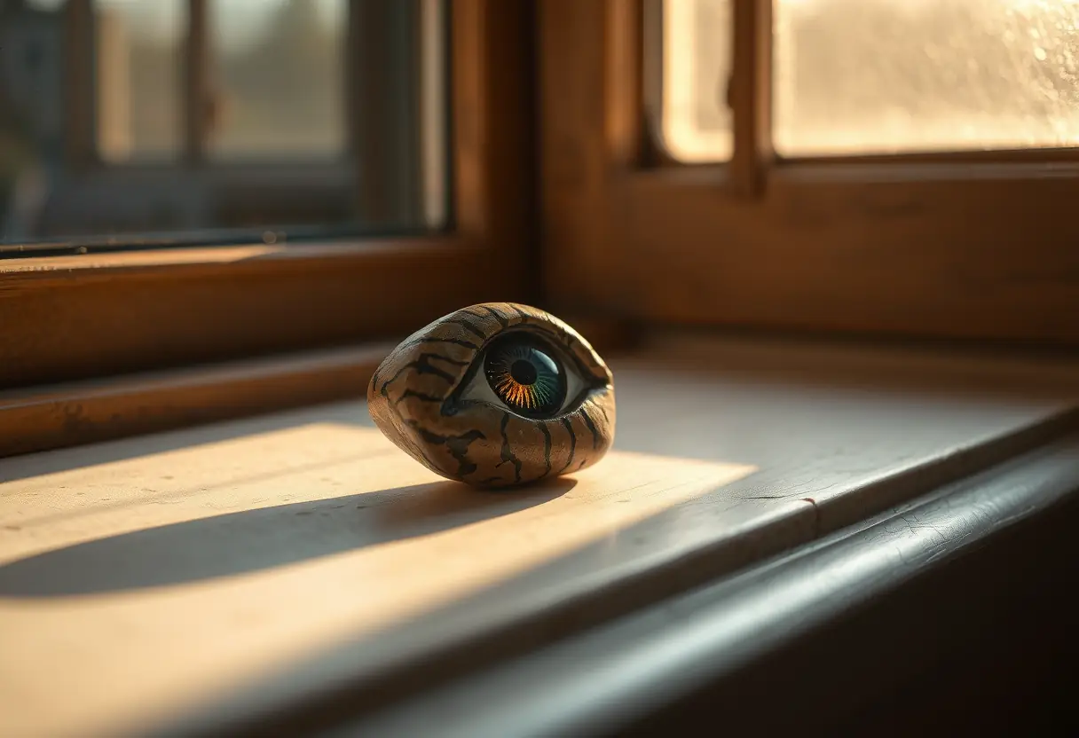 Image alternative : Image alternative : une pierre de l'œil de tigre posée sur un rebord de fenêtre, captant la lumière du matin, symbole de protection et d'enracinement.