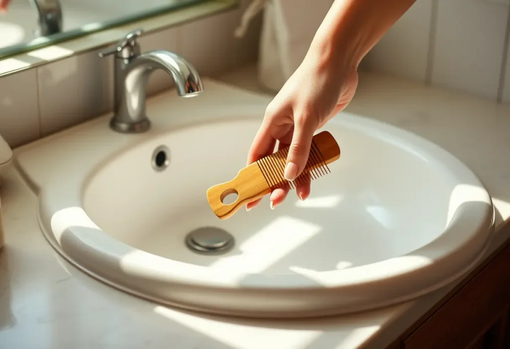 Une main féminine tient délicatement un peigne en bois posé sur un meuble de salle de bains