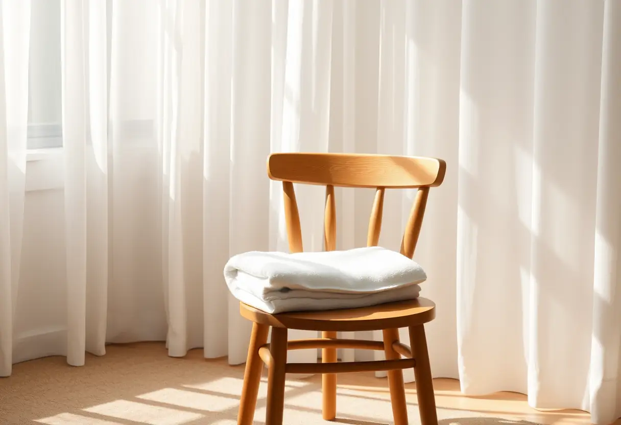 Un fauteuil en bois dans une pièce baignée de lumière, un drap de bain plié dessus