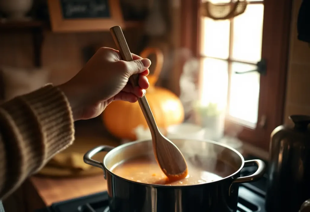 Une main féminine tenant une cuillère en bois au-dessus d'une marmite mijotant, dans une cuisine accueillante, rappelant le bien-être et la sérénité