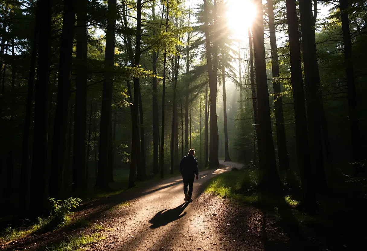 Silhouette d'une personne marchant sur un sentier sinueux dans une forêt, entourée d'arbres, illustrant le parcours vers l'acceptation de soi