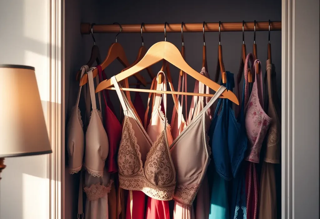 Un porte-vêtements en bois dans une penderie pleine de soutiens-gorge colorés, les ombres douces mettent en valeur la diversité des modèles.