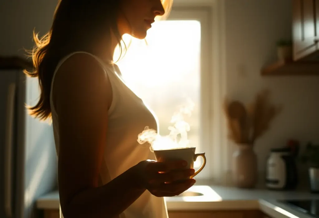 Silhouette de femme dans une cuisine baignée de lumière, tenant une tasse de céramique pleine de thé chaud, symbole de soin personnel